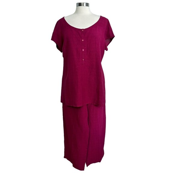 Eileen Fisher L Raspberry Red Linen Blend Short Sleeve Top Wide Leg Pants Set - Picture 3 of 13